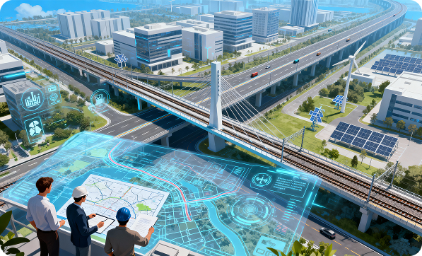 Engineers analyzing digital maps beside a smart city transport network representing data-driven mobility planning.