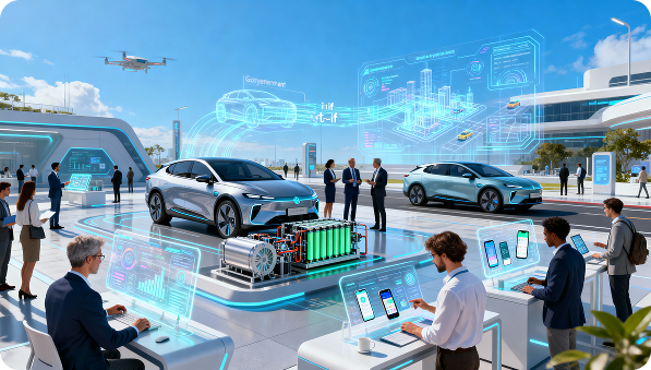 Researchers and engineers collaborating around electric vehicle technology with digital mobility simulations