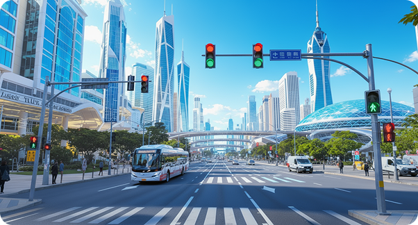 Key mobility projects Urban roadway with public transport and intelligent traffic systems in a modern city.