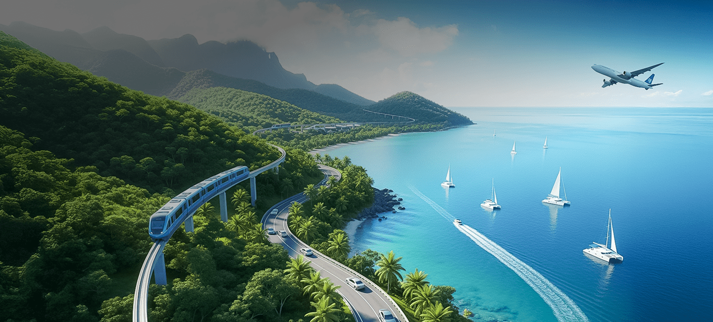 Smart mobility concept showing integrated air, sea, rail, and road transportation.