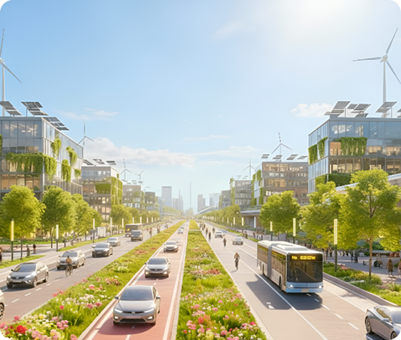 transport emissions Eco-friendly urban transport corridor with buses, cars, and renewable energy infrastructure representing sustainable mobility goals.
